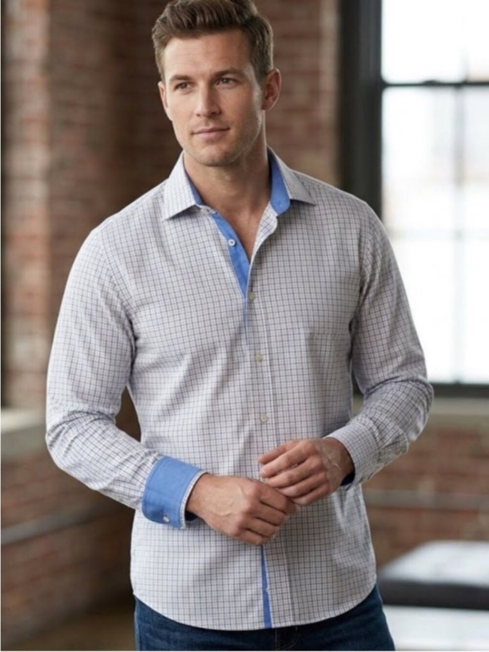 Eton 17 x 36/37 White Blue Yellow Check Contemporary Fit Dress Shirt